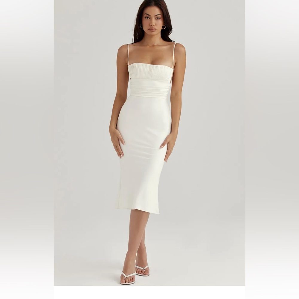 HOUSE OF CB 'Lois' Ivory Satin Corset Midi Dress /Size XS-US 2-4.